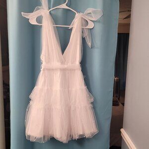 Francesca’s Limelight White Pearl Tulle Mini Dress NWT
